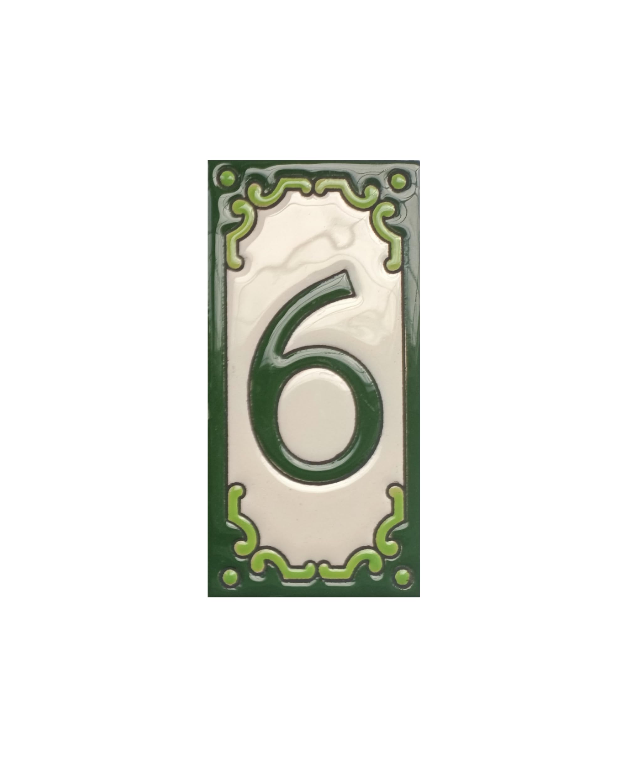 Hand-Painted Jacho Green Number Tiles Option of Metal Filigree Frames - 11 x 5.5 cm (Number 6 Tile)