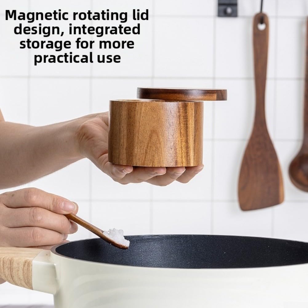 Salière en bois d'acacia avec couvercle rotatif, boîtier de cuillère et dimensions intérieures optimisées pour le débit (marron)
