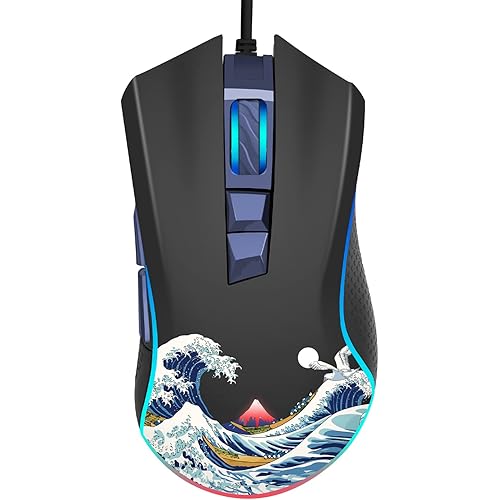 COSTOM XVX G705 Wired Gaming Mouse, RGB Backlit PC Gaming Mouse with Adjustable 12000DPI/7 Programmable Buttons, Gamer Computer USB Mouse for Windows Mac Laptop PC, Great Wave Off Kanagawa