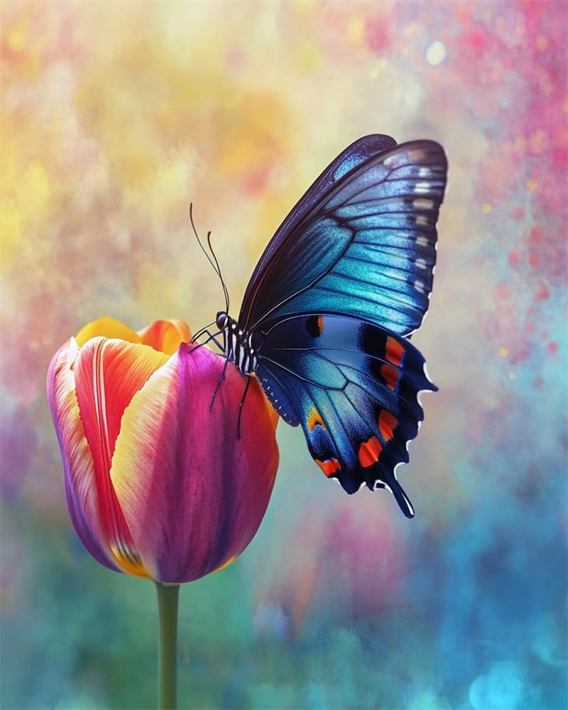 Stamped Cross Stitch Kits for Adults Beginners, Butterfly On A Tulip Blossom DIY Cross Stitch Patterns Kits Printed Dimensions Needlepoint Kits,Crafts Embroidery Kits for Home Decor Adult Cr