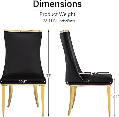 Miniatura 3 de Sillas de comedor, Juego de 4 sillas de comedor, Silla de comedor de terciopelo negro con patas de acero inoxidable dorado