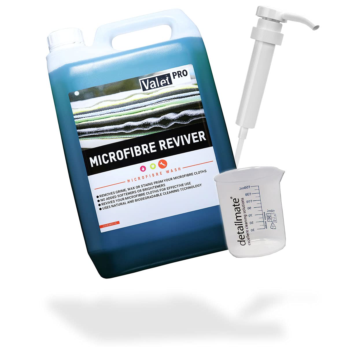 detailmate ValetPRO Microfibre Reviver 5 Litres + ValetPRO Dispenser Measuring Cup 150 ml Microfibre Detergent for Gentle Cleaning