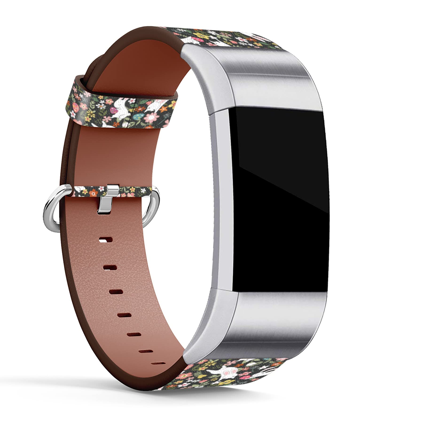 Compatible with Fitbit Charge 2 , Patterned Leather Replacement Band (Rabbit Bunny Floral Background)