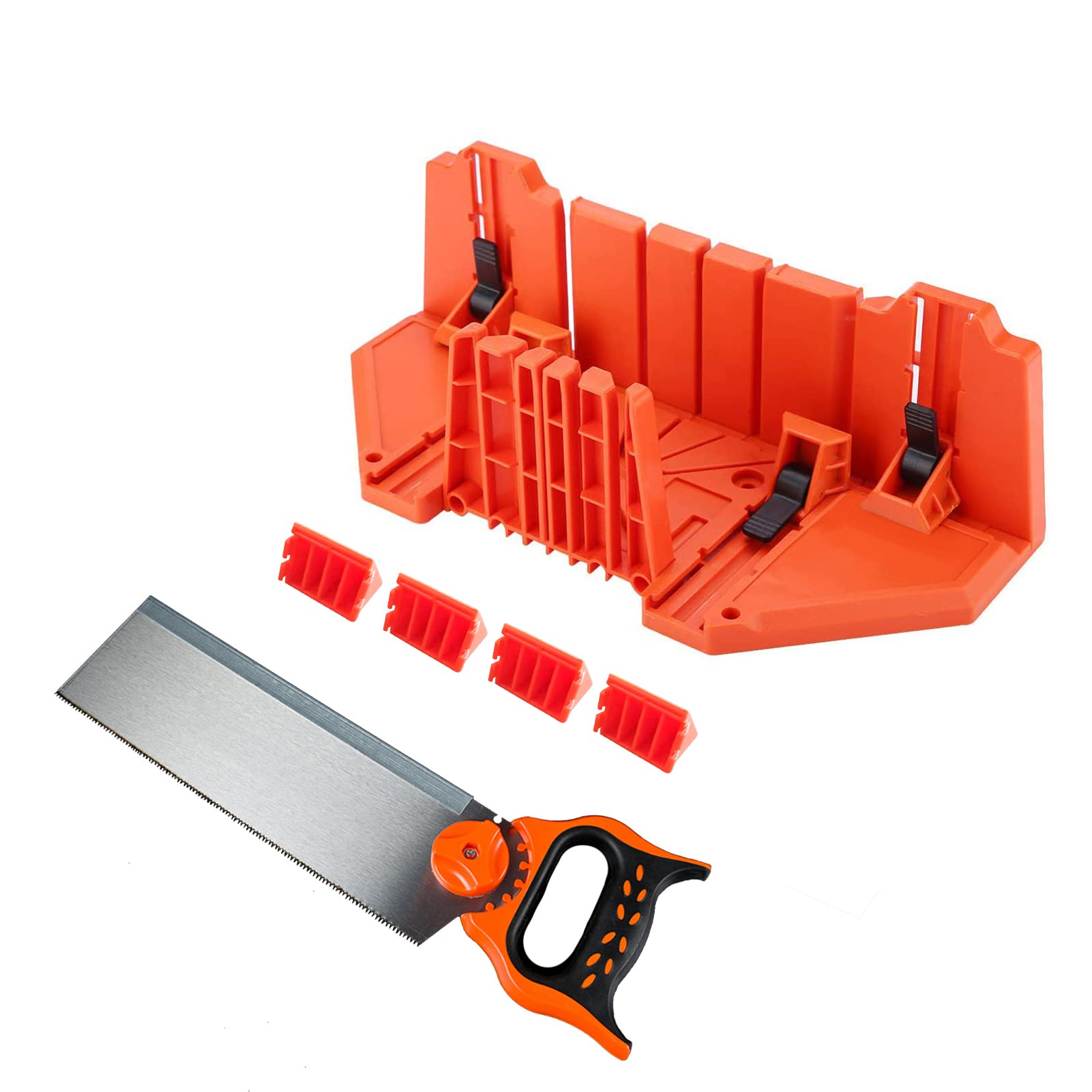 Boîte à onglets et scie en plastique de 35,6 cm, scie arrière en acier renforcé pour une coupe précise, préréglée à 90 degrés, 45 degrés, 22,5 degrés et 0 degré.