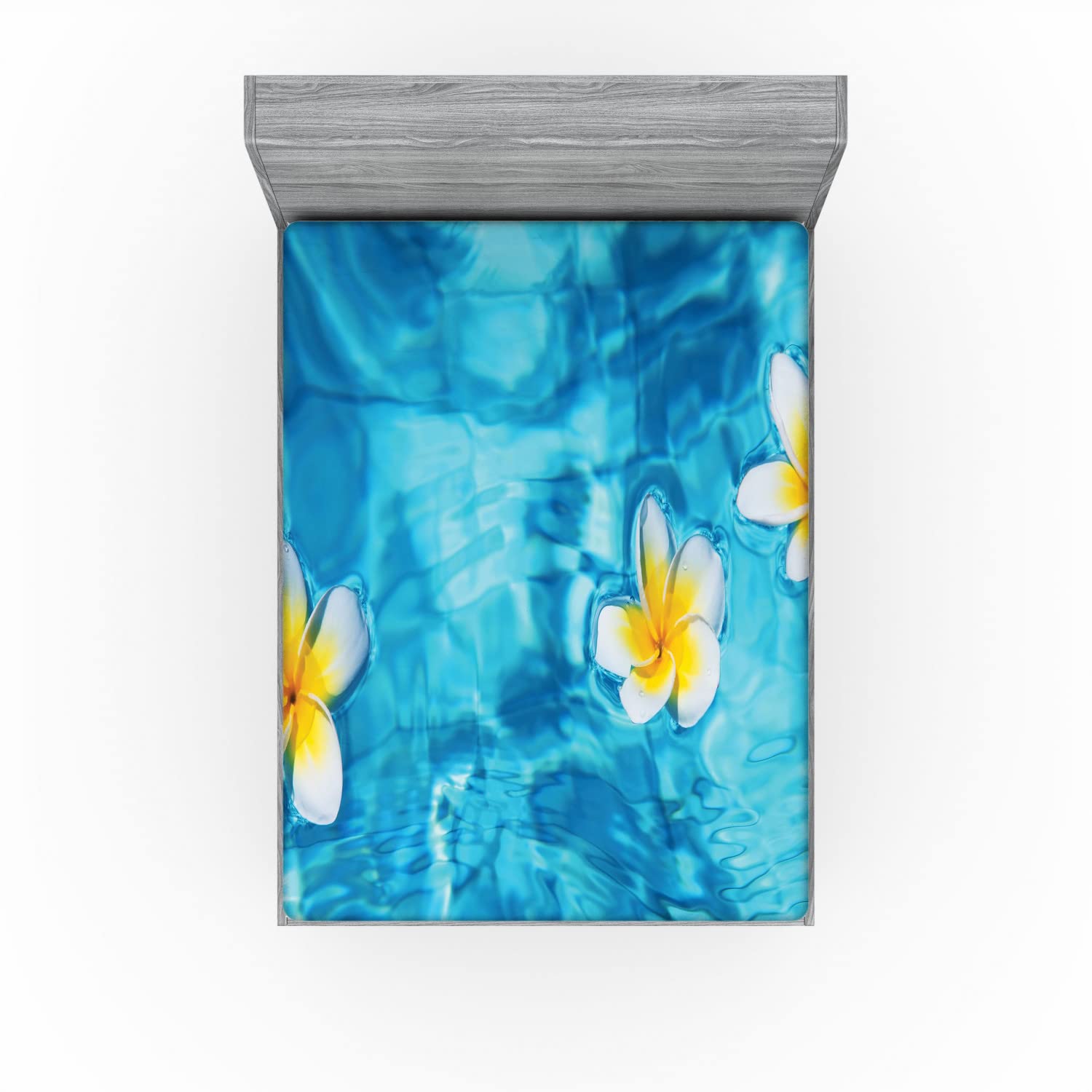 Ambesonne Tropical 2 Pack Fitted Sheet, Frangipani Flower Aqua, Bed Cover All-Round Elastic Deep Pockets 2 Pieces, Package Contains 2 Queen Size Fitted Sheets, Blue Yellow