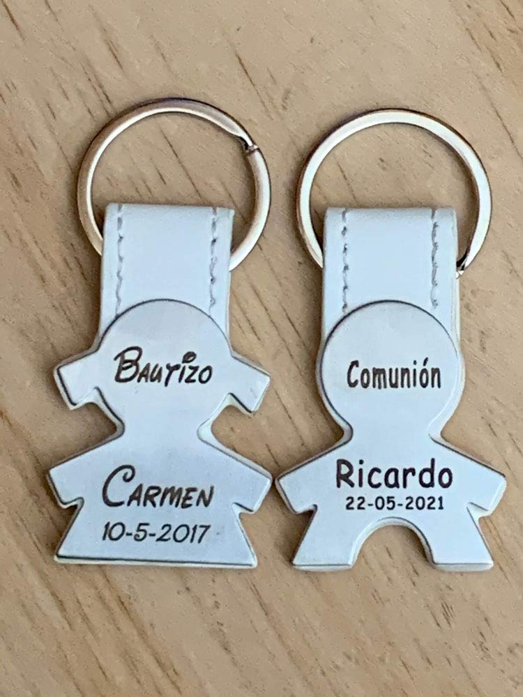 regalo grabado - 25 Llaveros personalizados Silueta de Niño o Niña | Grabados Nombre y Fecha | para Comunión, Bautizo, Cumpleaños | Caja de presentación Negra | Acero, PU | Unidades (25)