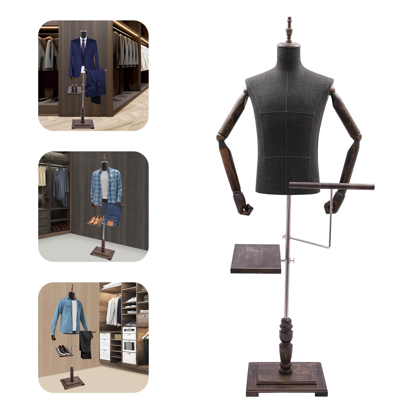 Mannequin de Couture pour Homme - Hauteur réglable - Buste pour Homme - avec Porte-Pantalon et Porte-Chaussures pour Exposer et Coudre (Marron)