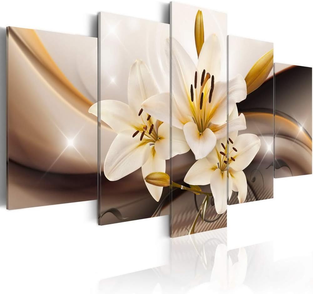 White Flower Canvas Wall Art Modern 5 Pieces Shiny Lily Floral Prints Home Decor Painting Framed Picture Artwork for Living Room
