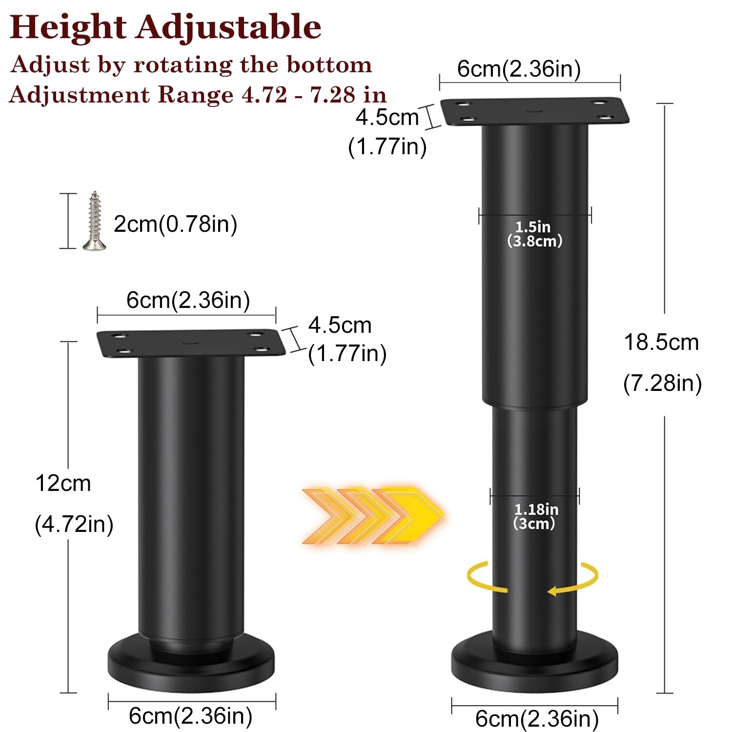 LCOUACEO Pack of 6 Adjustable Furniture Feet, Metal Black Height Adjustable 12-18.5 cm Furniture Feet - Image 2