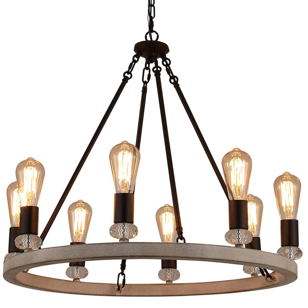HXYSXHJUO Industrial Wagon Wheel Chandelier With Wood Finish Crystal Ceiling Light Metal Farmhouse Lights Adjustable Chain Black Bedroom