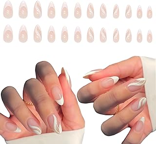 Ledander 24Pcs French False Nails Short,Almond False Nails French Tip Press on Nails with Wavy Pattern,Swirl Glitter Fake Nails,Oval Stick on Nails,Full Cover Acrylic Nails Nail Art Accessories