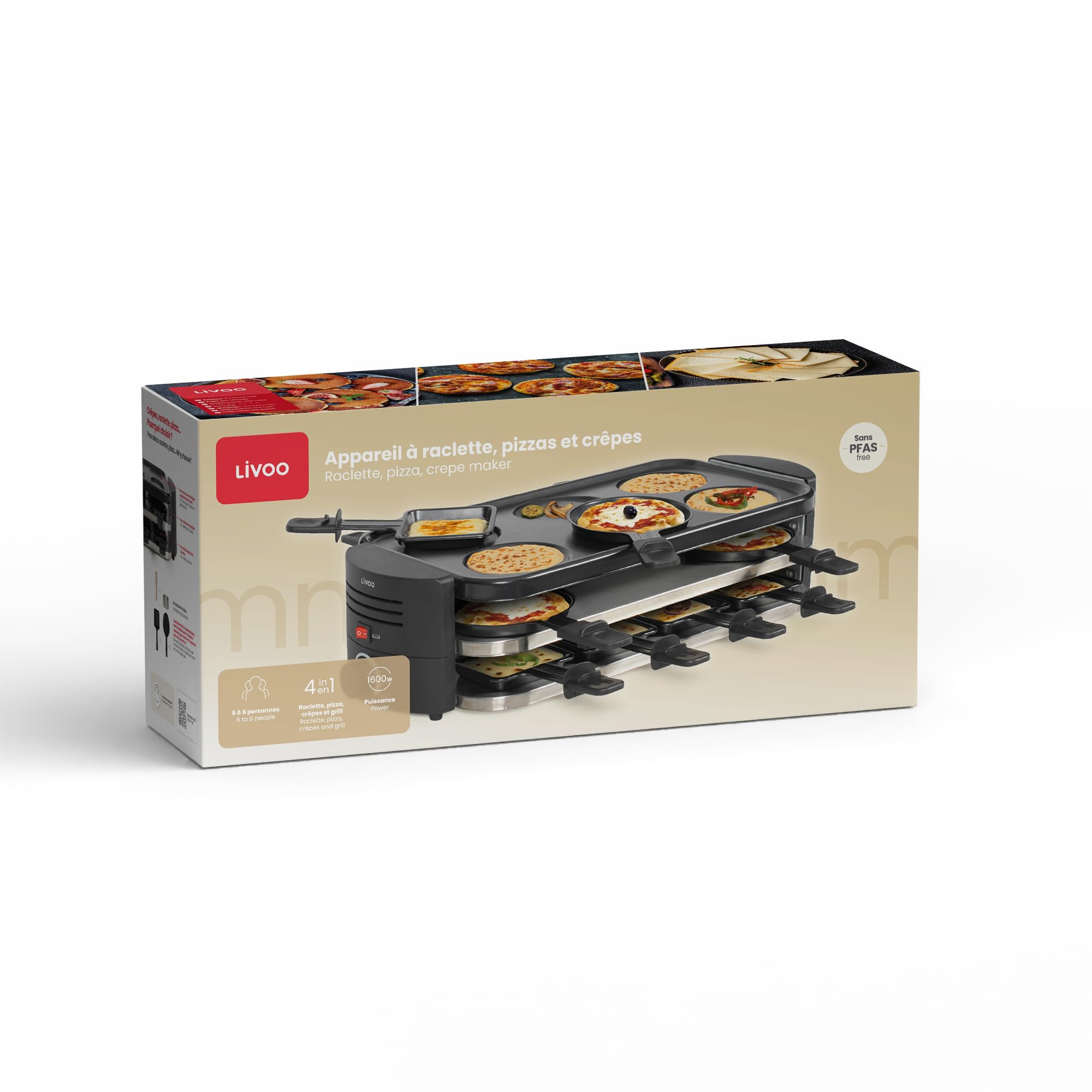 Livoo - Appareil à raclette, pizzas et crêpes 8 personnes DOC337-1600 W, sans PFAS, Noir