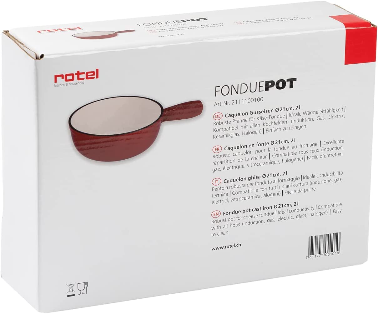 Rotel 1010150 - Caquelón para fondue (hierro fundido, incluye inducción, capacidad de 2 litros, 21,5 cm), color rojo