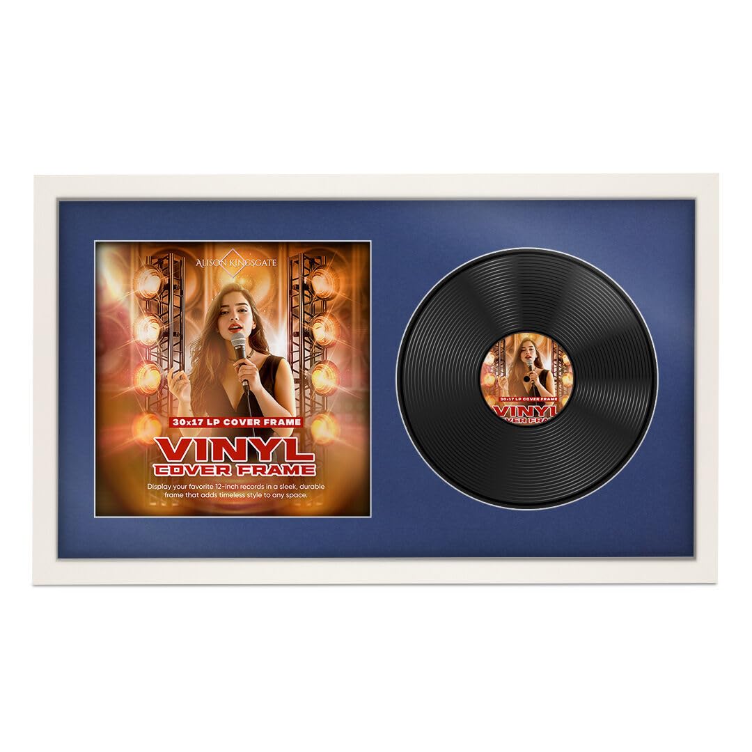 Alison Kingsgate 30×17” White Vinyl Record Frame- Fits 12” LP Cover & Disc - Engineered Wood with Shatterproof Perspex - Stylish Sleek Display for Your Home or Music Collection - Blue Mount