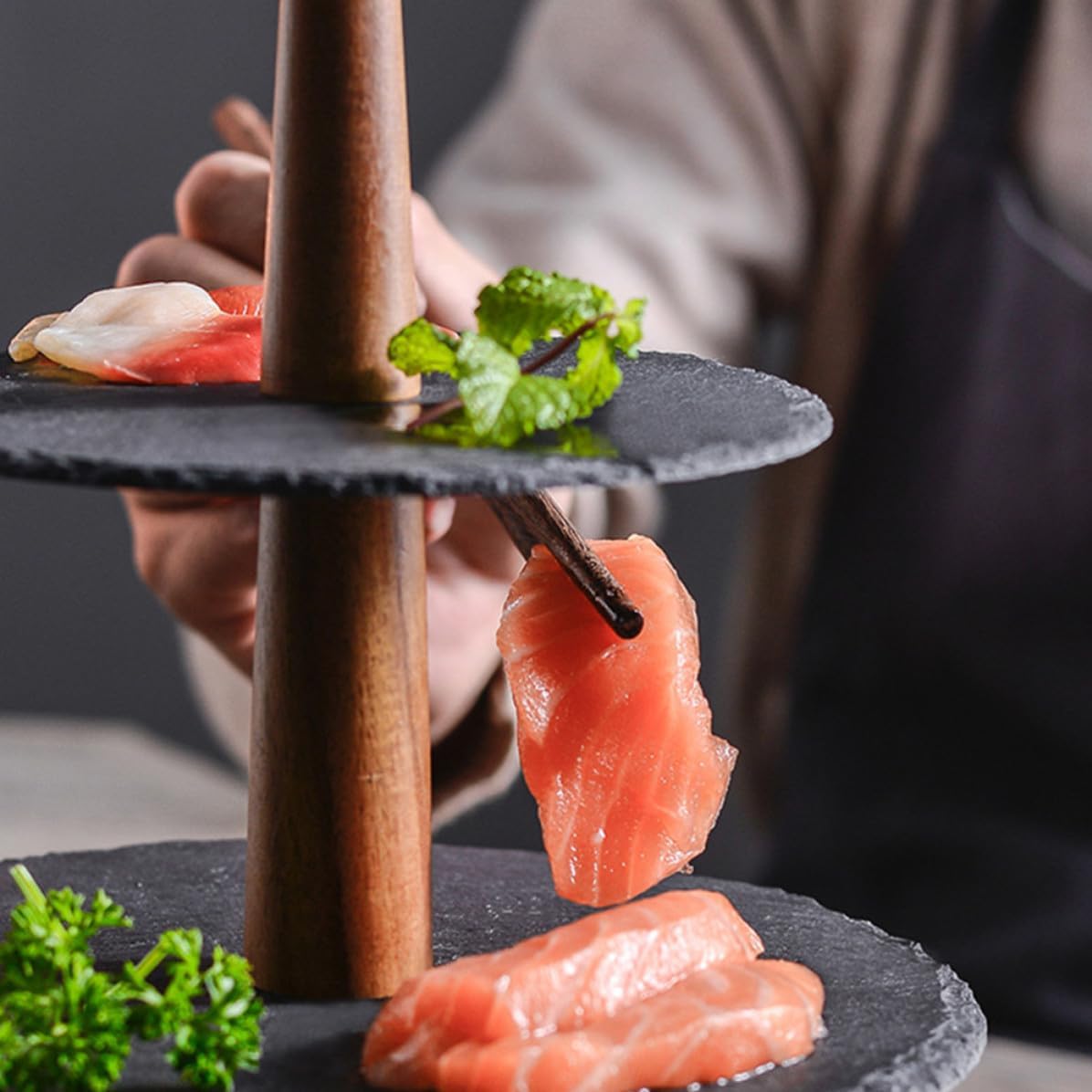 Japanese Style Two Layer Sushi Tray and Wood Dessert Plate