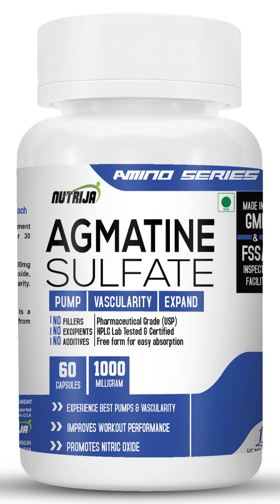 NutriJa Agmatine Sulfate -1000mg Capsules (USP Grade) Strength & Pump | Boost Nitric Oxide (Pack of 1 (60 Capsules))
