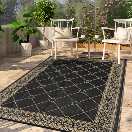 Enyhom Groß Outdoor Teppich 150 x 240 cm, Wendbarer RV Camping Außenteppich, Strapazierfähiger Kunststoff Flachgewebe Picknickdecke, Recycelter Wasserdicht Tragbar Balkonteppich für Terrassen Eingang