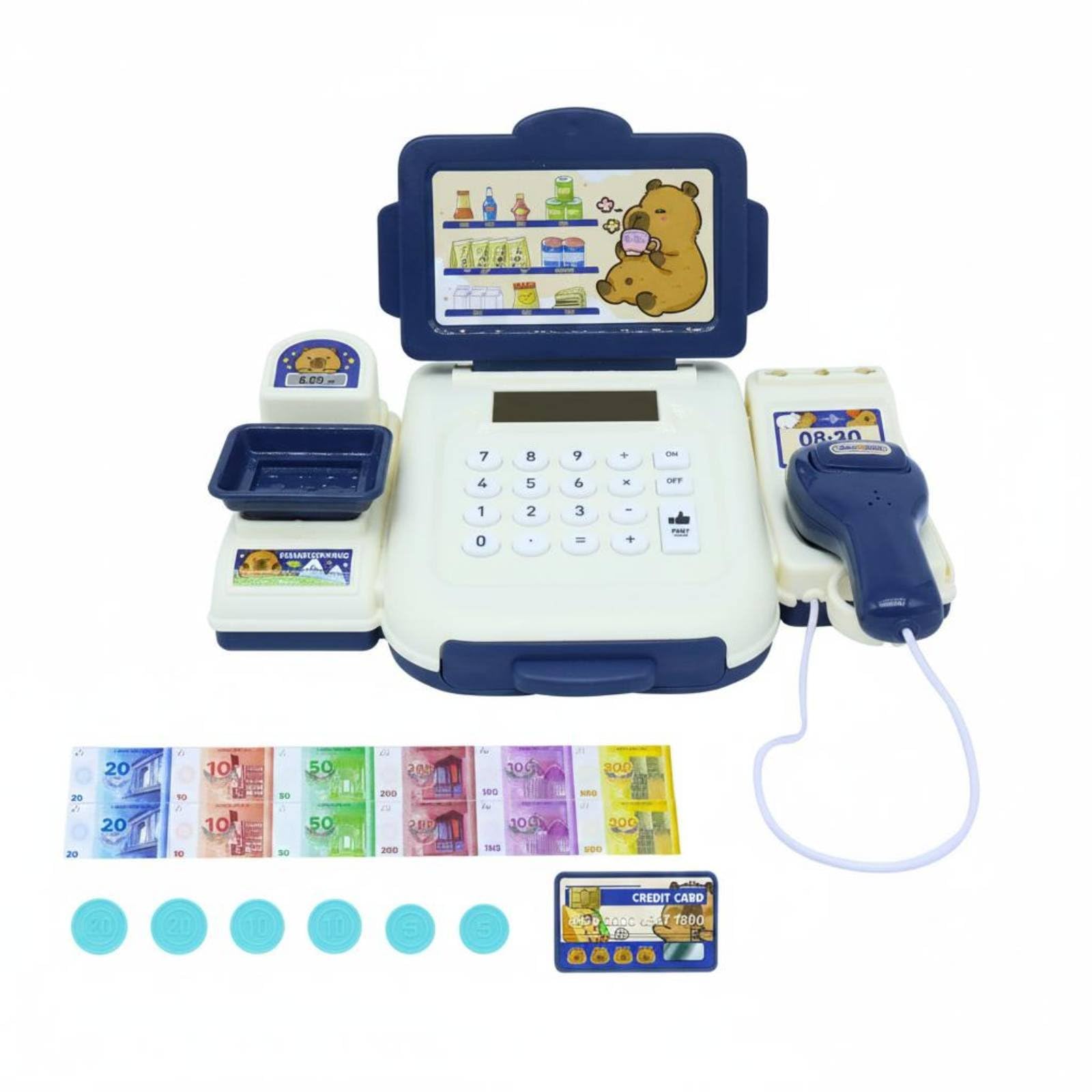 Realistic Design Toy Currency Register Accessories Included Toy Supermarket Register Credit Card Reader Cashier Playset for Preschool, Blue-image-30