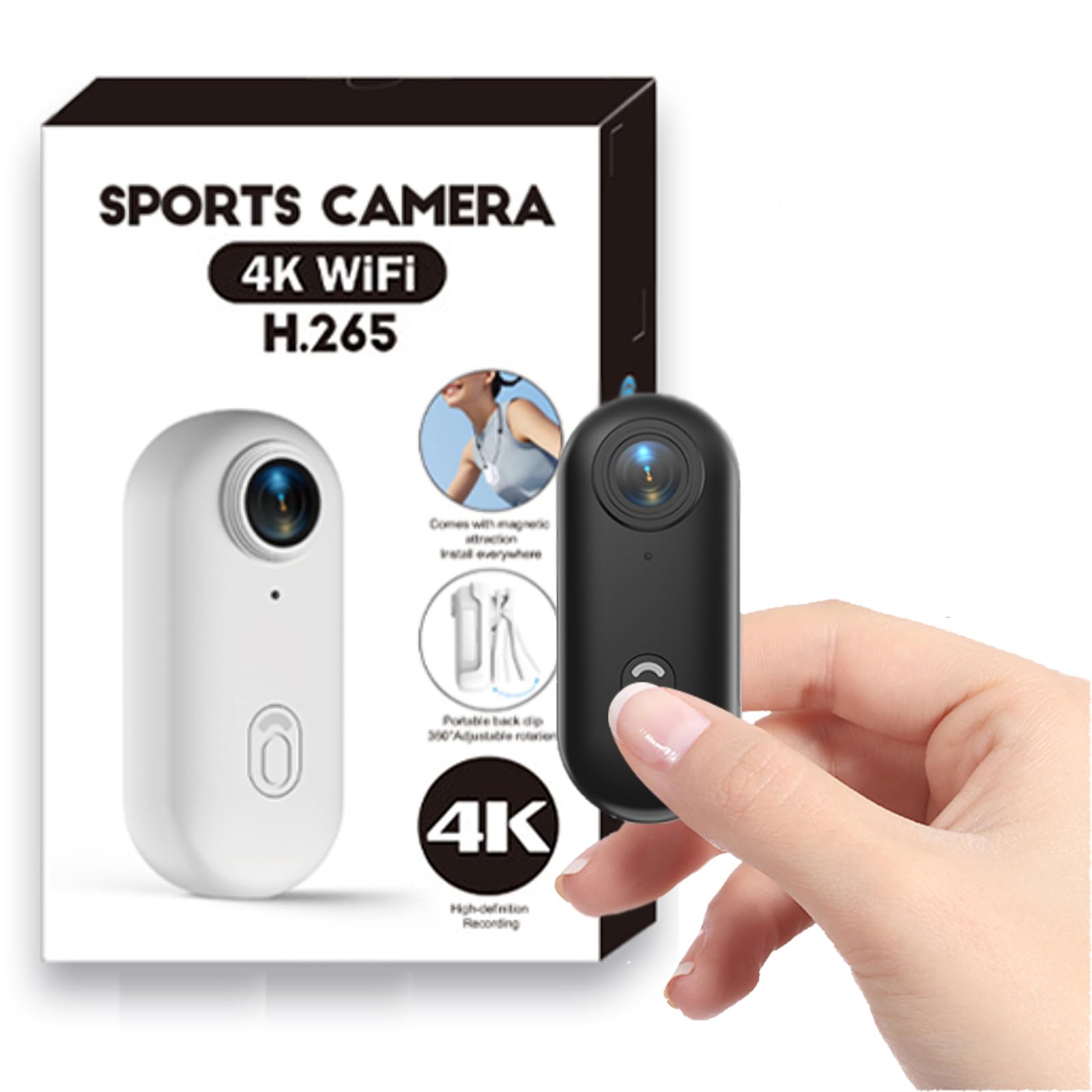 Caméra Sport 4K WiFi Étanche Aimanté Mains Libres - Mini Action Cam Portable avec Clip 360° Angle 120°,Enregistrement en Boucle, Caméra Vlog POV pour Moto Casque,Velo, Équitation, Ski et Animaux Noir - 1