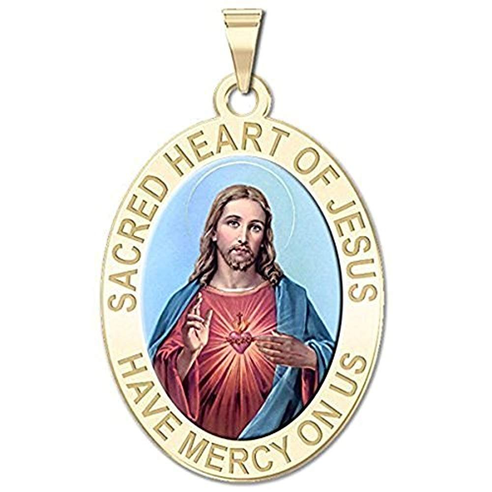 PicturesOnGold.com Sacred Heart of Jesus Religious Medal Color - 1/2 X 2/3 in. Size of Dime, Solid 14K Yellow Gold with Engraving