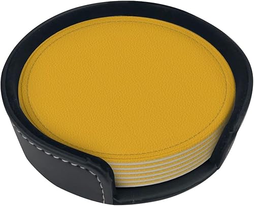 Drink Coasters Set of 6, Mustard Yellow Printed PU Leather Round Coaster with Holder for Outdoor, Office, Bar, Funny Heat-Resistant Home Desk Decor