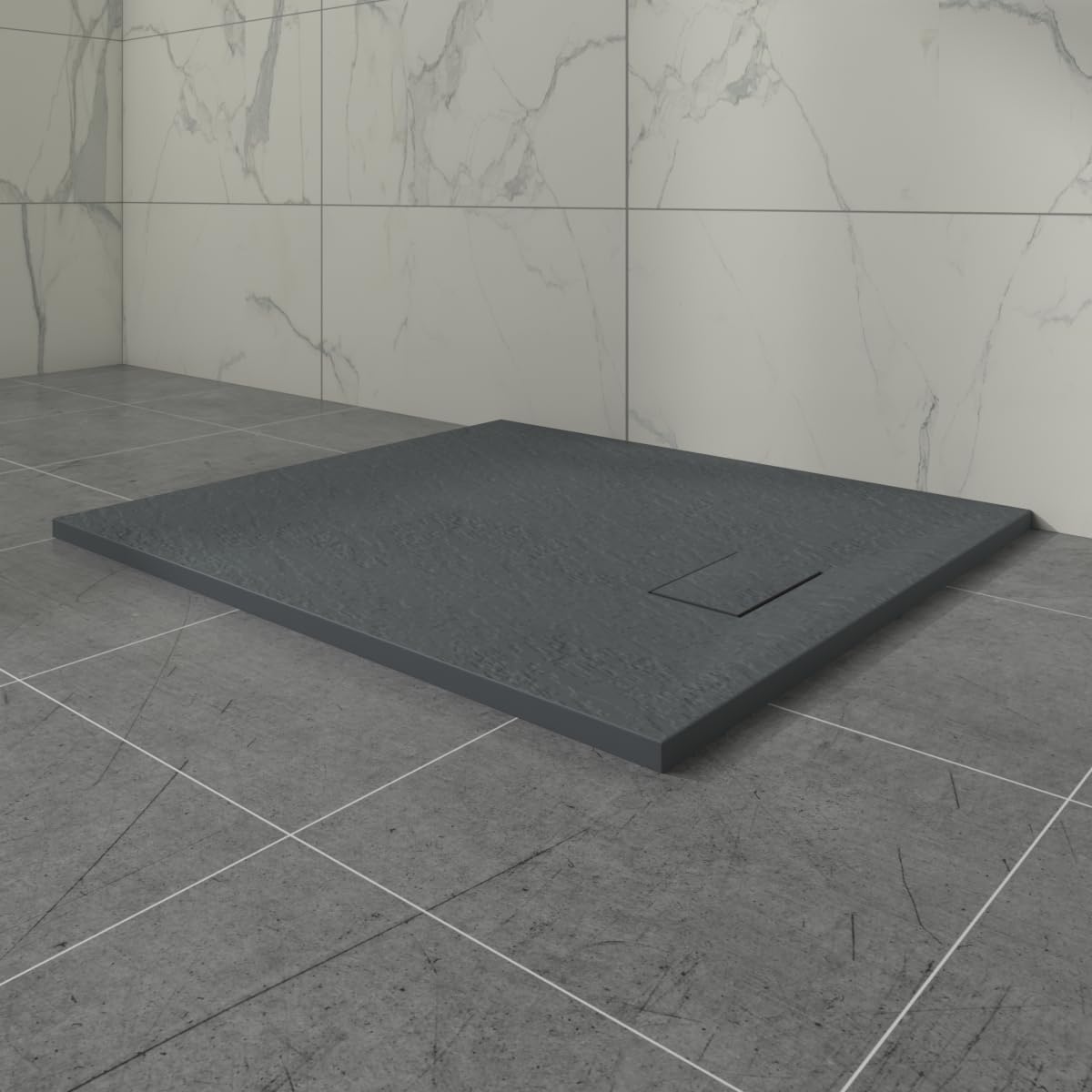 Aquariss Anthracite Rectangular Shower Tray Slate Effect SMC Slip-Resistant Shower Base for Bathroom Enclosures 1100x900mm with Waste