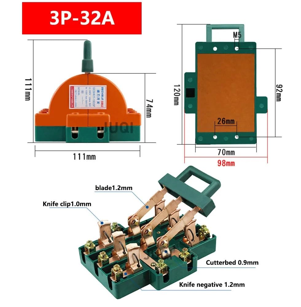 EAMOM 3P Knife Switch 32A 63A 100A 160A 225A Two-Phase Knife Switch high Power 220V Double Throw Disconnector(3P 32A)