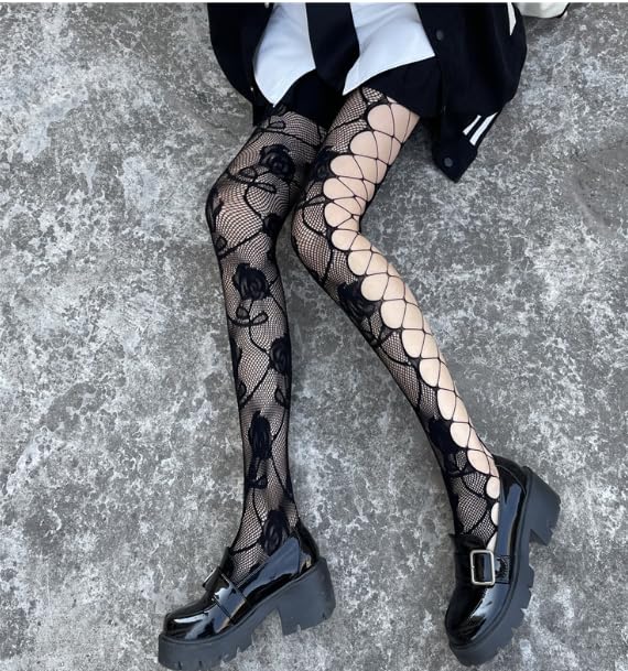 Women's Side Hollowed Out Fishnet Stockings Lace Thigh High Stockings Spider Web Leggings Retro Rose Mesh Pantyhose4
