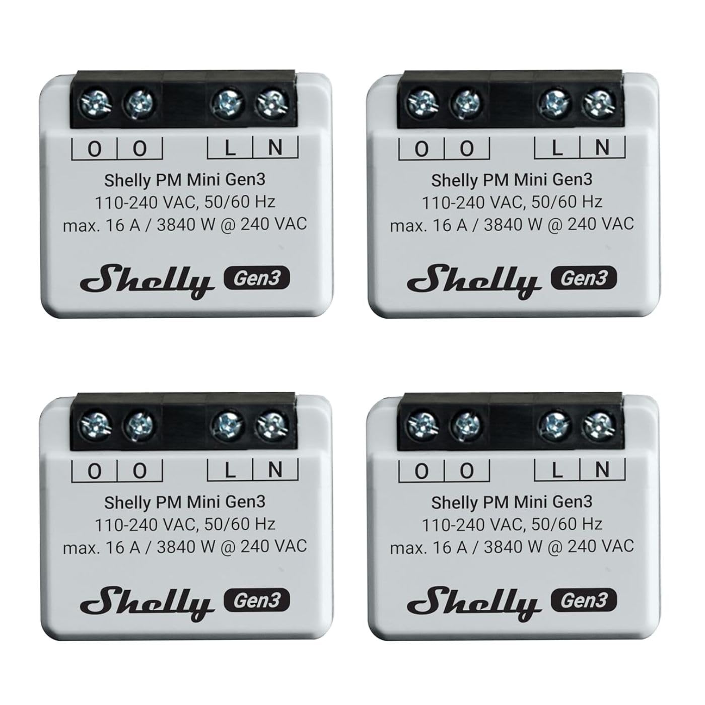 Shelly Shelly PM Mini Gen 3 Lot de 4 compteurs de puissance intelligent Wi-Fi et Bluetooth 1 canal 16 A Compatible avec Alexa et Google Home Application iOS Android Pas de hub nécessaire
