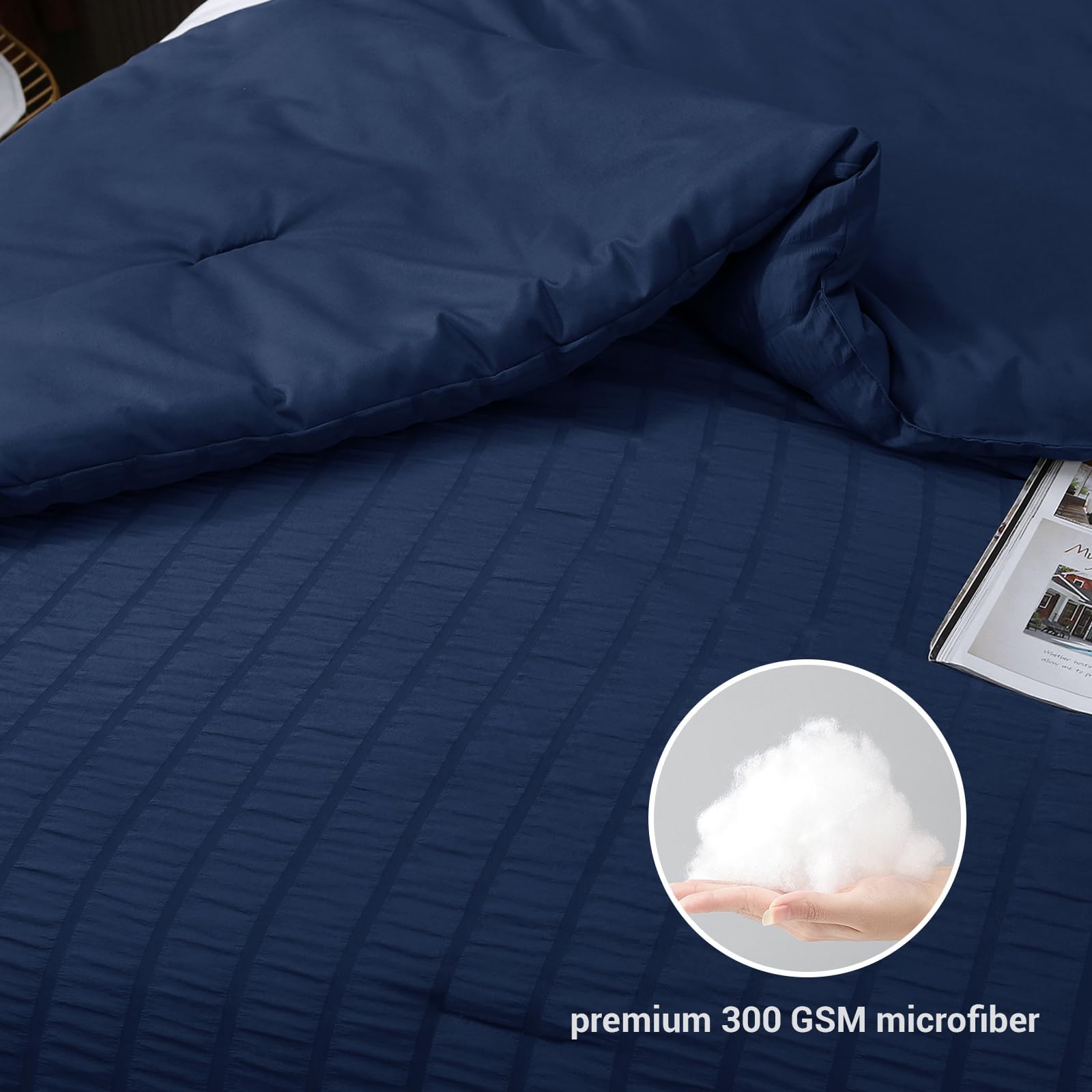 HYMOKEGE Seersucker Twin Comforter Set 3 Pieces, Lightweight Comforter Sets for Bedding, Bed Set with 1 All Season Soft Down Alternative Comforter and 2 Pillow Shams, Navy Blue