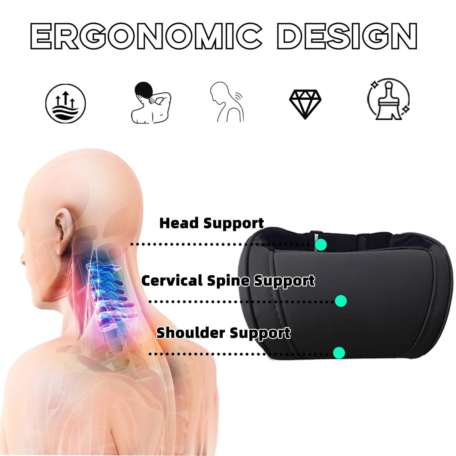 TOPABYTE Cuscino Poggiatesta Auto in Pelle e Schiuma di Memoria, Supporto Testa per Seggiolino Auto Cervicale per Guida, Ergonomico Cuscino da Collo Pillow, Rimovibile, 2 Pezzo, Nero
