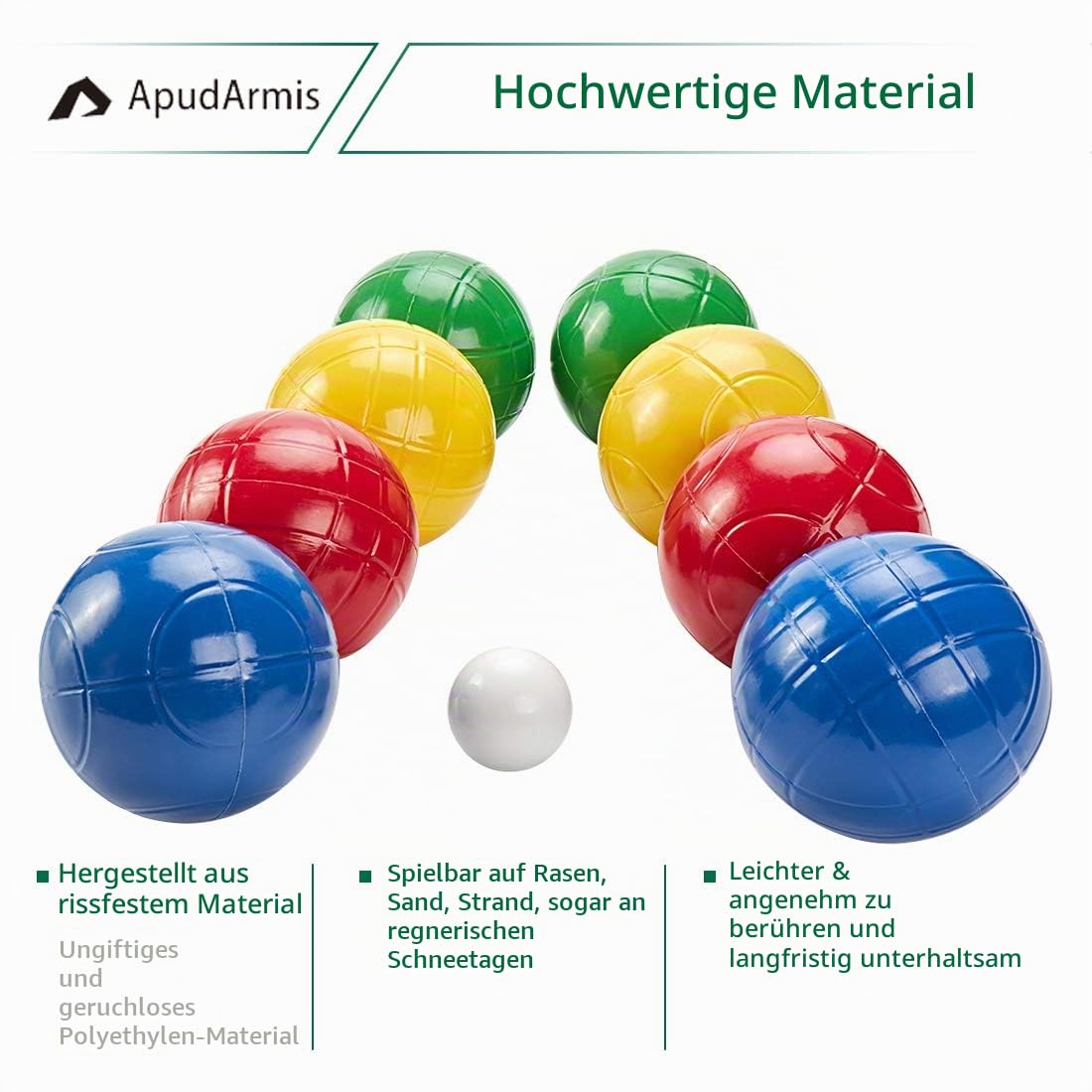 ApudArmis Boccia-Bälle-Set, 90 mm, leichteres Bocciespiel für den Außenbereich, für Hinterhof, Rasen, Strand, Set mit 8 weichen PE-Bällen und 1 Pallino & Nylon-Tragetasche und Maßband für Kinder,