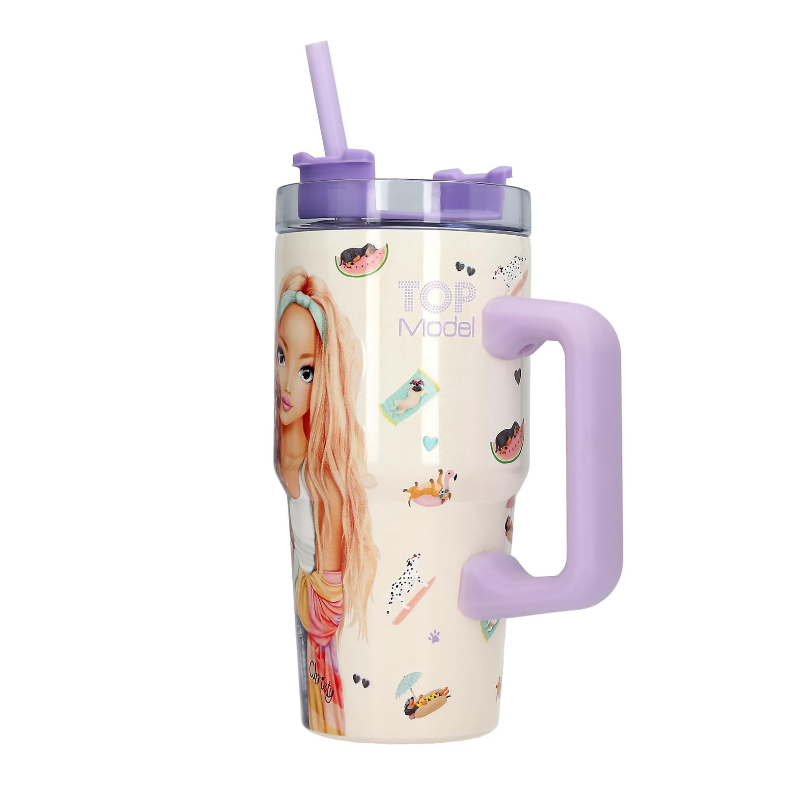 Depesche 13966 TOPModel Sunny Dog - to-Go Becher aus Edelstahl, in Lila und Weiß, Model Motiv und Hunde-Muster, Getränkebecher mit Strohhalm, Isolierung und Griff, Fassungsv. ca. 500 ml