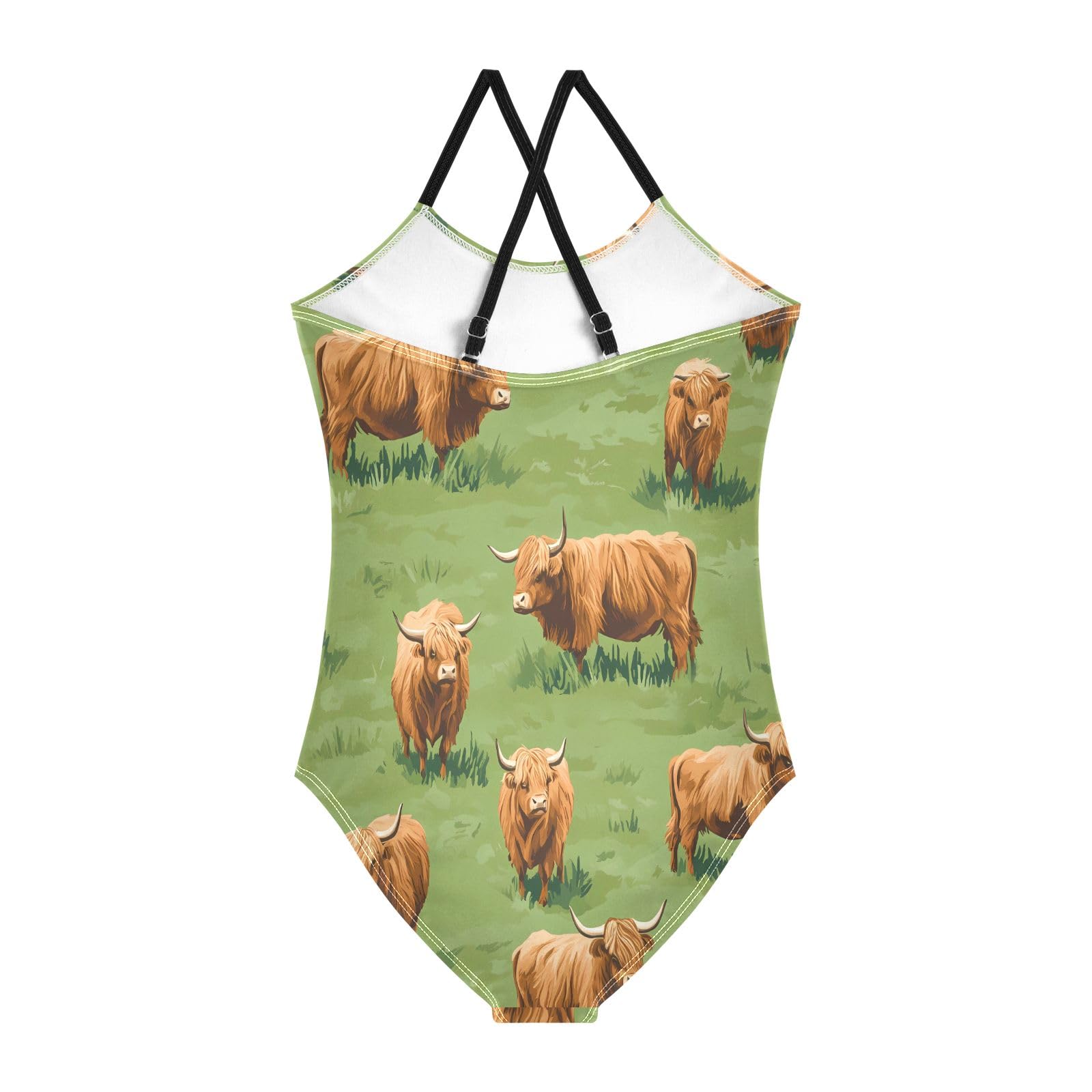Highland Cattle Meadow Pattern Girls One-Piece Swimsuit Beach Swim Bathing Suit