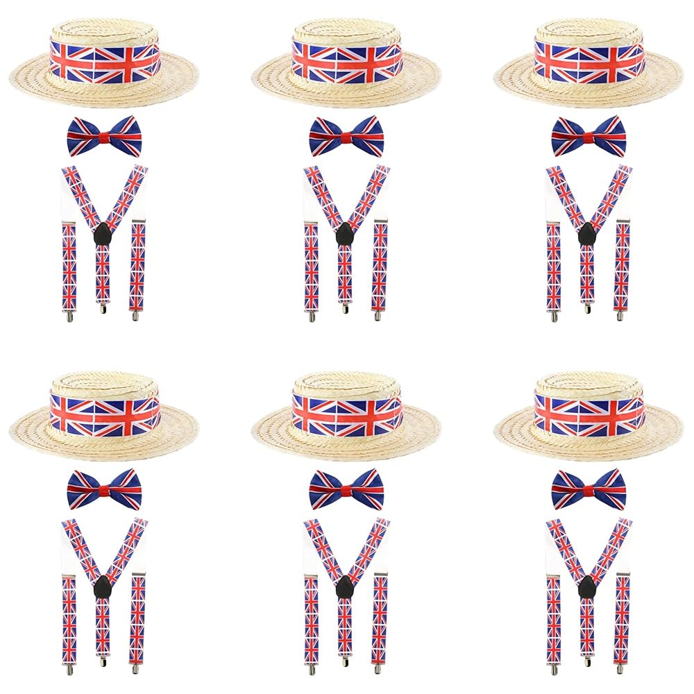 Union Jack Accessory Set - Pack of 1 - Union Jack Braces, Bowtie and Boater Hat - Adults King's Coronation VE Day Street Party Fancy Dress Costume