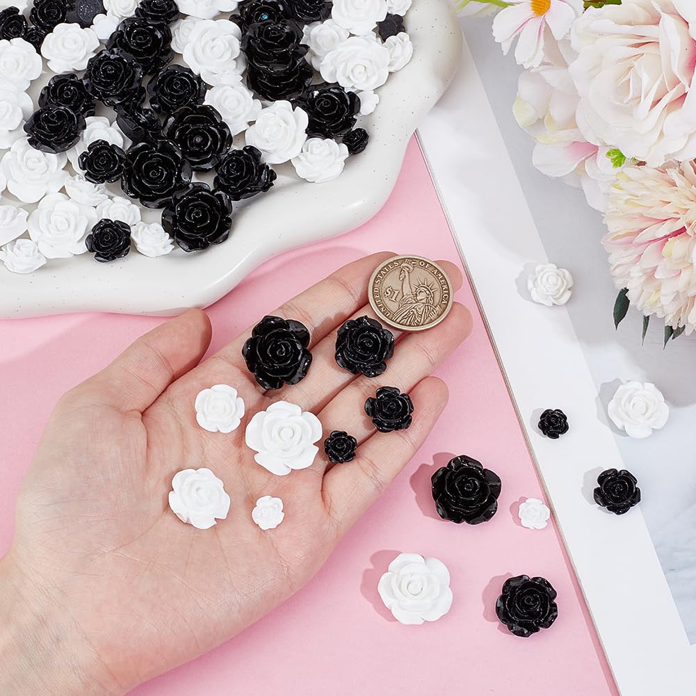 PH PandaHall 80pcs 4 Sizes Resin Rose Cabochons Flower Cabochons White Floral Flatback Cabochons Black Undrilled Resin Rose Bead Charms for Jewelry Making Hair Clip Crafts 22/18/14.5/9.5mm - Image 3