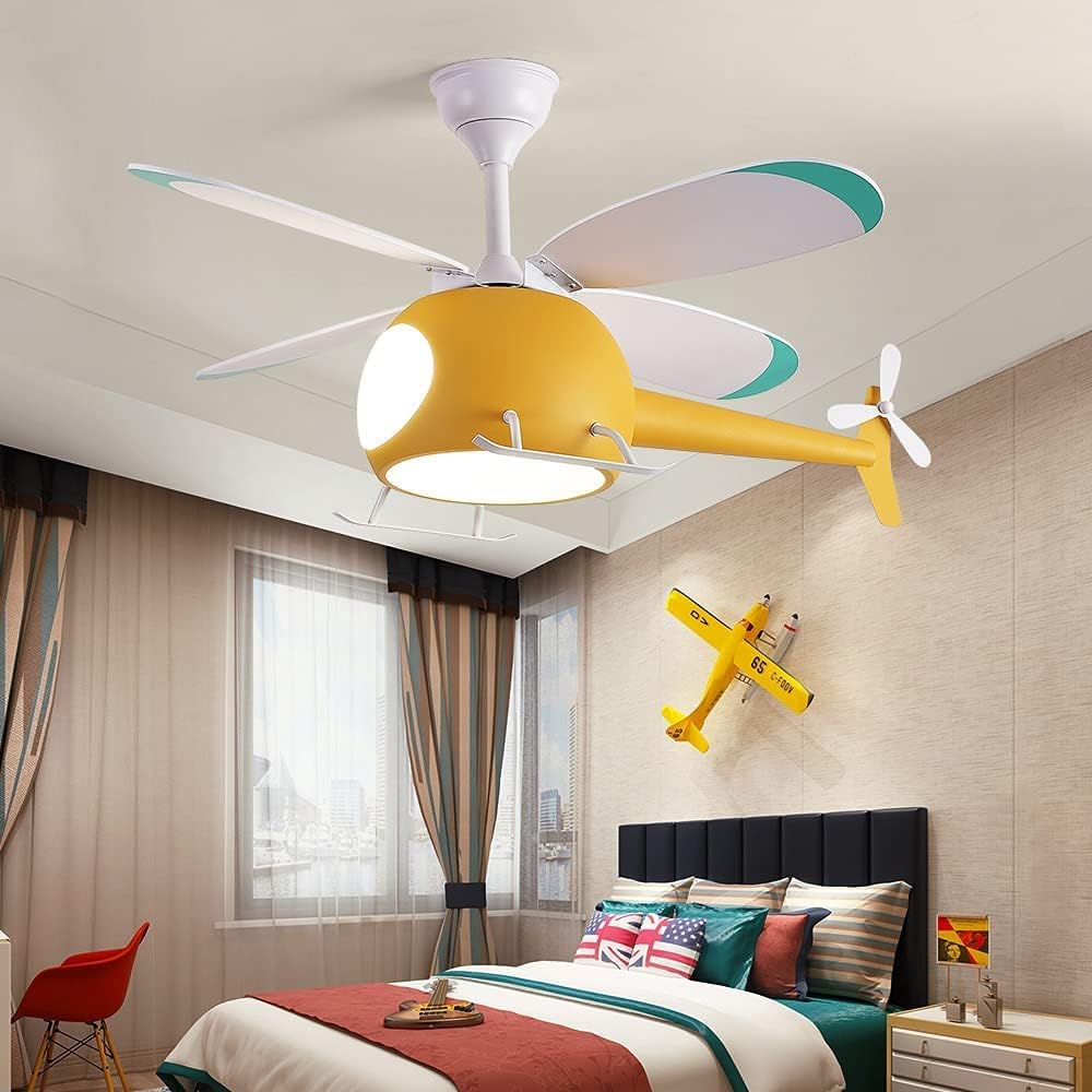 Kids Ceiling Fan with Lights for Bedroom, Interior Decor Helicopter Ceiling Fan Gifts for Kids - Modern LED Multi Speed Timing with Reversible Motor, Remote Control Dimming (Yellow) 40W
