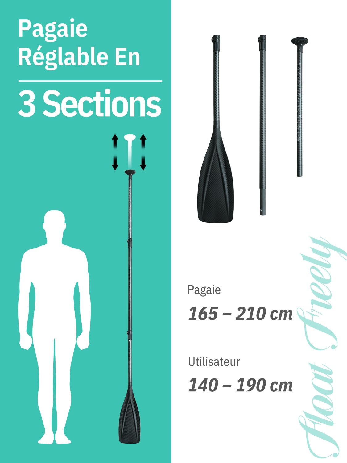 niphean Pagaie Paddle, Pagaie Kayak en 3 et 4 Pièces Détachables et Flottantes, Sup Paddle réglable de 198 à 218 cm, Rames Durables
