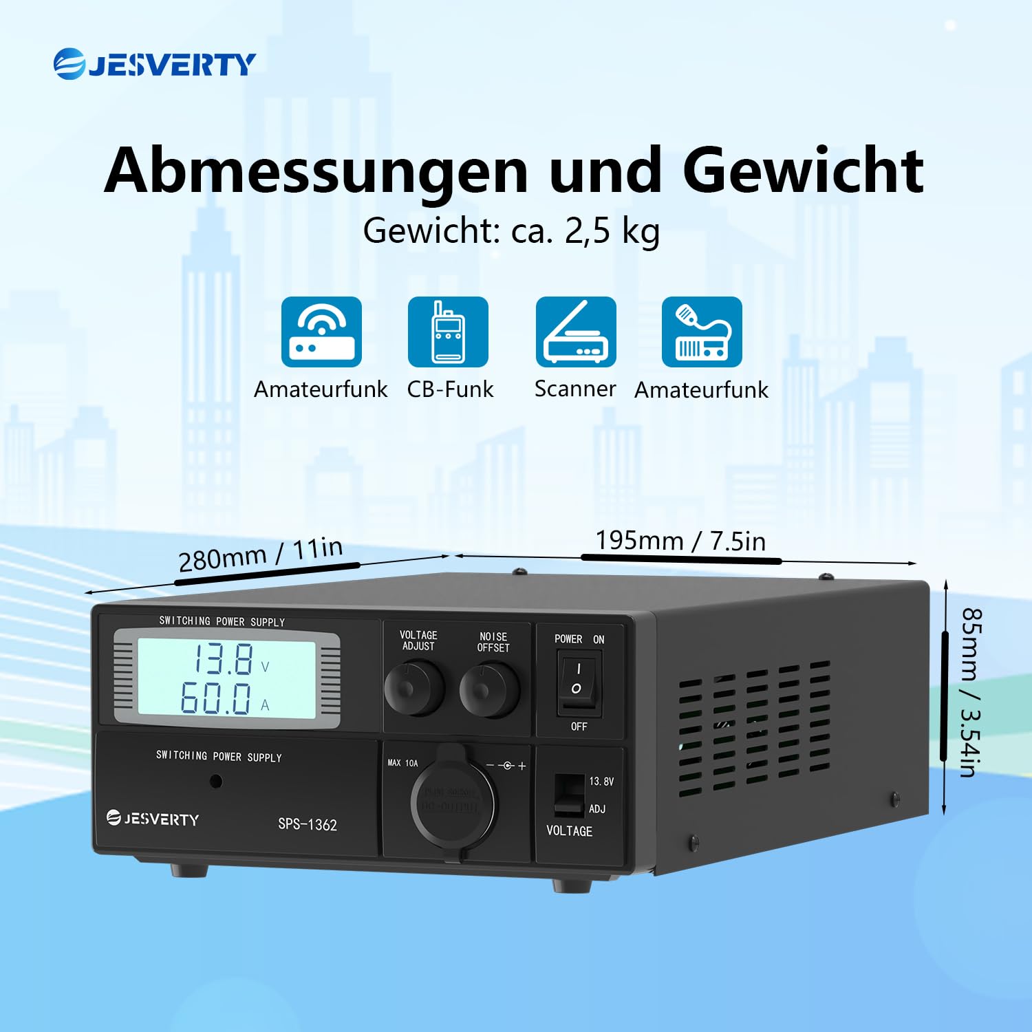 Universelles kompaktes Tischnetzteil – 60 Ampere geregelter Wechselstrom-Gleichstrom-Wandler für Heimlabore, 13,8 Volt, Lüfter, Schraubklemmen – Jesverty SPS-1362