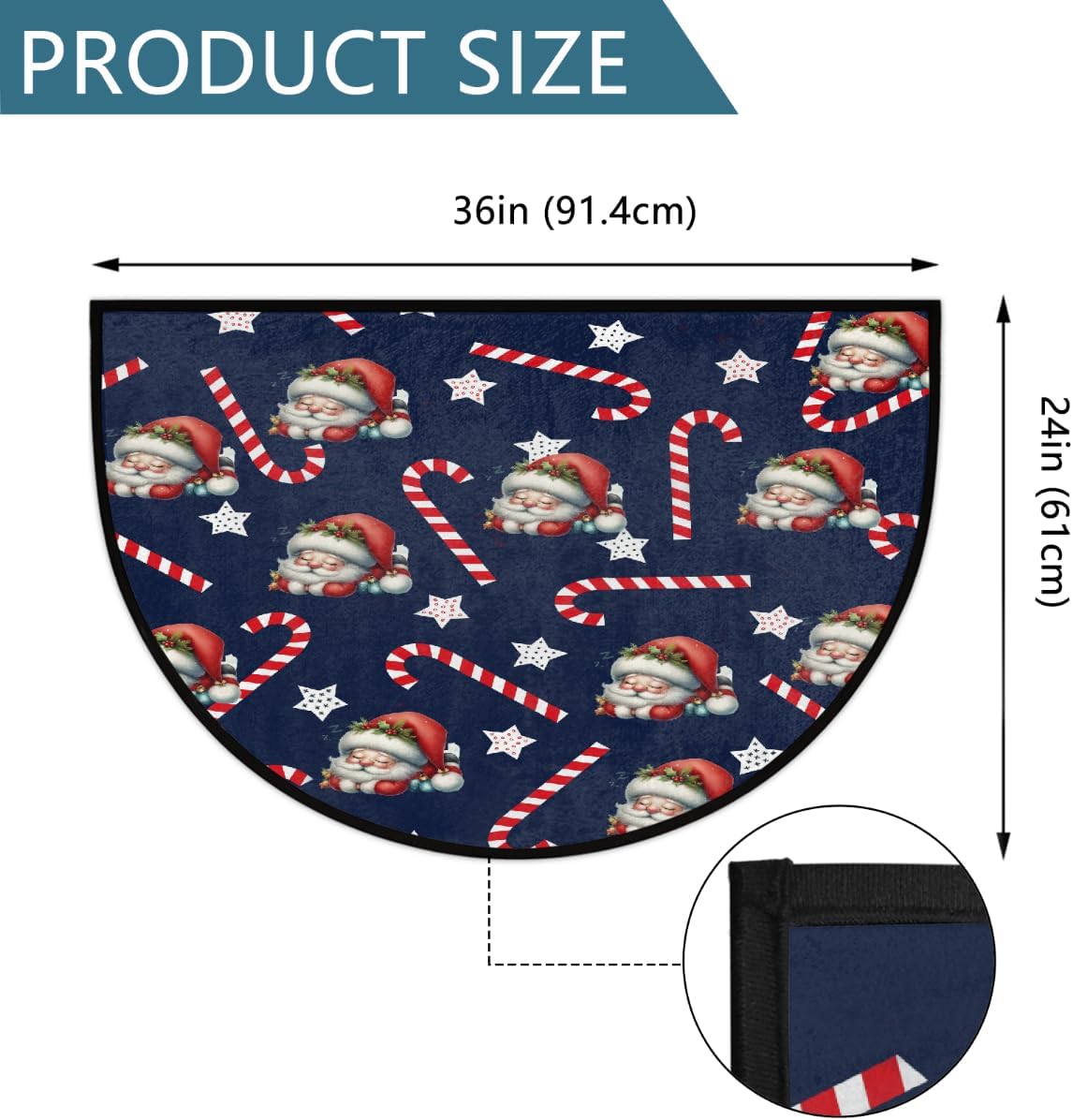 Half Round Door Mat Santa Claus Candy Cane Christmas Non Slip Absorbent Semi Circle Area Rugs Washable Half Moon Floor Mats for Indoor Patio Kitchen Bathroom Entryway Fireplace Home Carpet Decor