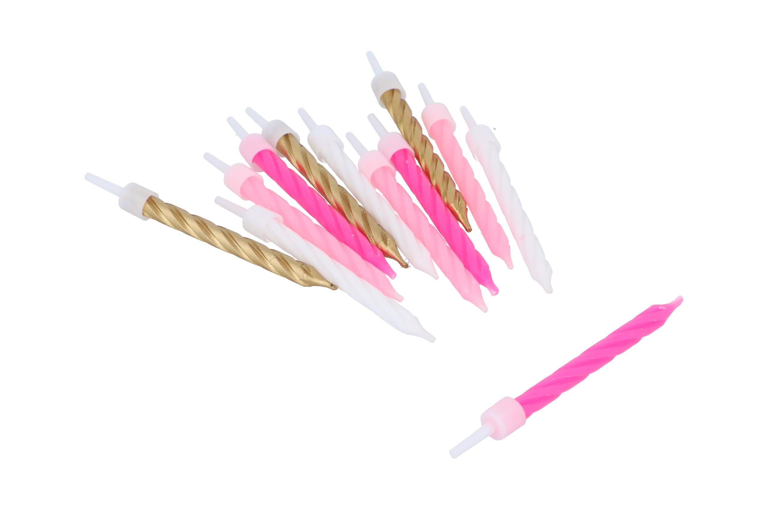 Henbrandt Pack of 24 Pink, White and Gold Party Candles with Candle Holders, Spiral Celebration Candles for Birthday Cakes Wedding Party Baby Showers and Anniversary Decorations