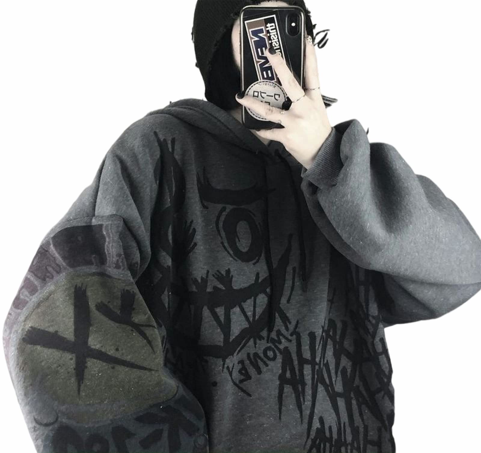 Gothic women's hooded sweater female raw bag easier doodle print plus velvet thick long sleeve shirt