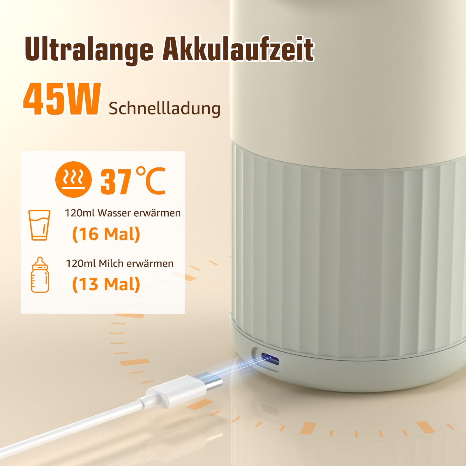Baby Tragbare Flaschenwärmer für unterwegs für Muttermilch, Formel oder Wasser 380ml große Kapazität, 100W Leistung schnelle Erwärmung & präzise Temperaturkontrolle Milchwärmer für Reisen (Grau)