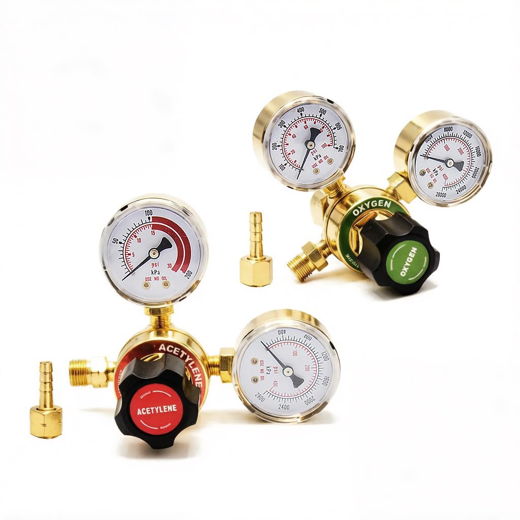 Oxygen And Acetylene Regulator Set, CGA540 and CGA200 Acetylene Inlet Connection Compatible with V-Style Welding Cutting Gas Torch, CGA200 Acetylene Regulator For Small Cylinder
