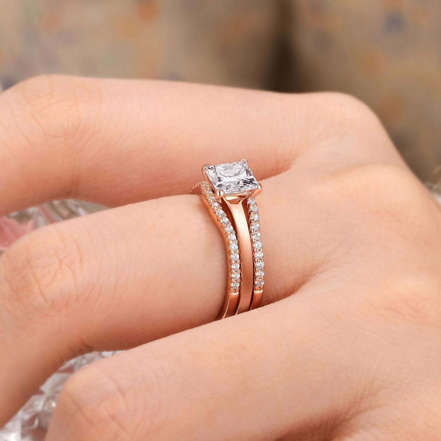 SHELOVES Solitaire Princess CZ Engagement Rings Set for Women Wedding Rings Enhancers band 925 Sterling Silver 4-13 - Image 5