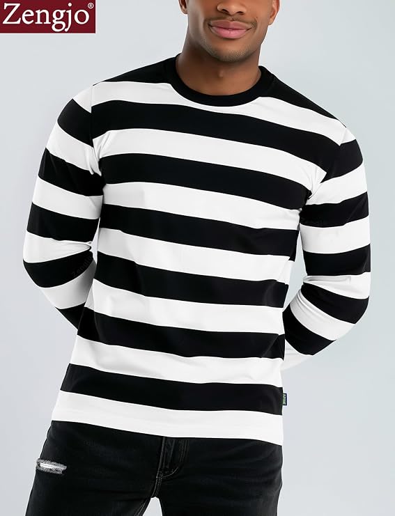 Zengjo Mens Striped Shirt Long Sleeve Cotton Stretch Crewneck T Shirt