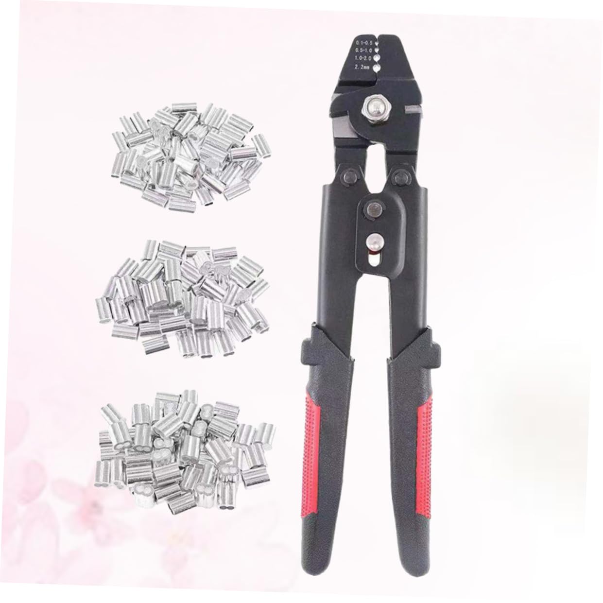 Sosoport Pinza Crimpatrice per Funi con Tubo Manicotto in Alluminio, Strumento Manuale con Impugnatura Antiscivolo e Blocco di Sicurezza, Kit con 180 Manicotti per Pesca e Cavi Metallici