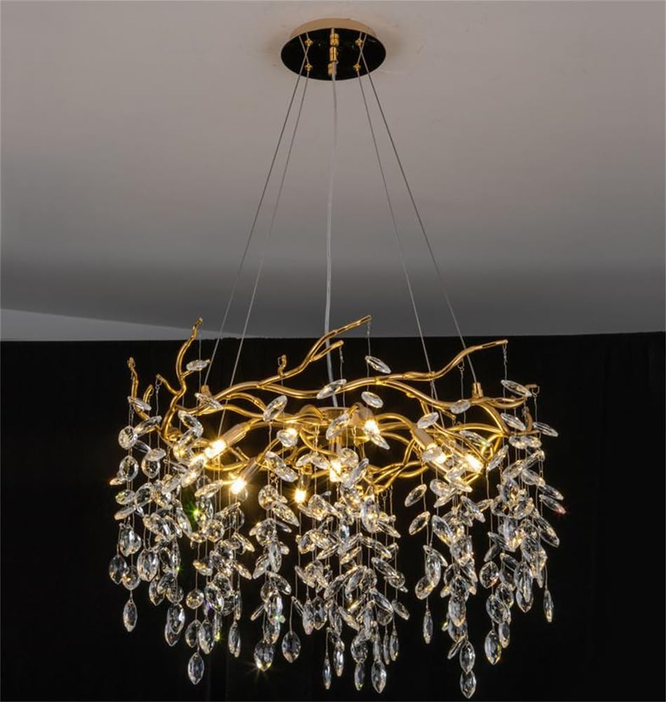 KXEcoLife Modern Crystal Chandelier Luxury Raindrop Pendant Lighting Contemporary Round Chandeliers Art Deco Tree Branch Light Fixture for Dining Room Kitchen Bedroom Living Room,Dia60cm