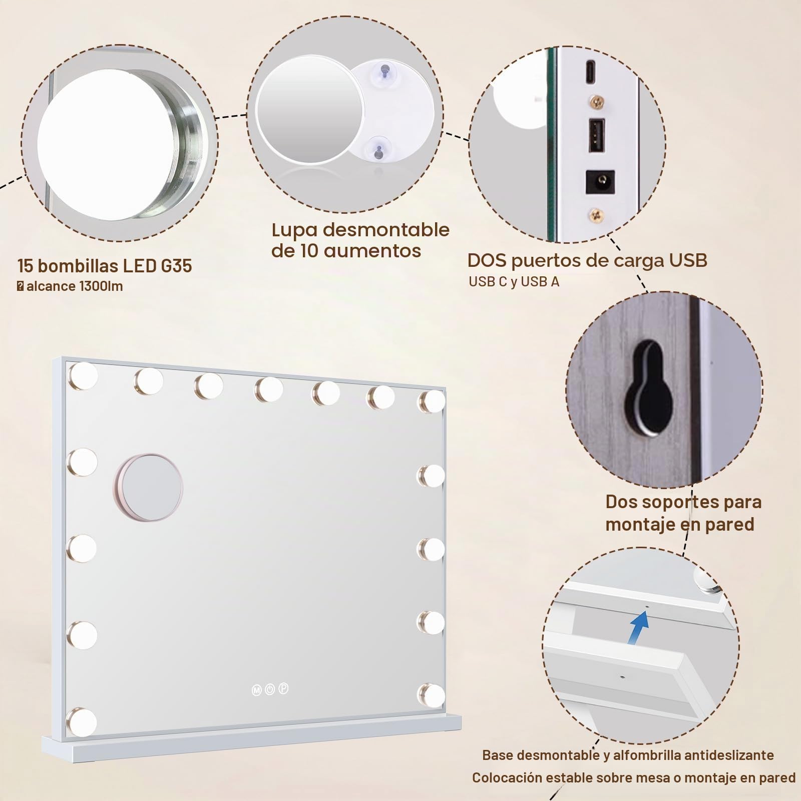 FENCHILIN Espejo Hollywood de Maquillaje con Luz, Tocador con 15 Bombillas LED Rgulables y Puerto USB - Espejo de Pared o Mesa, 58x46 cm