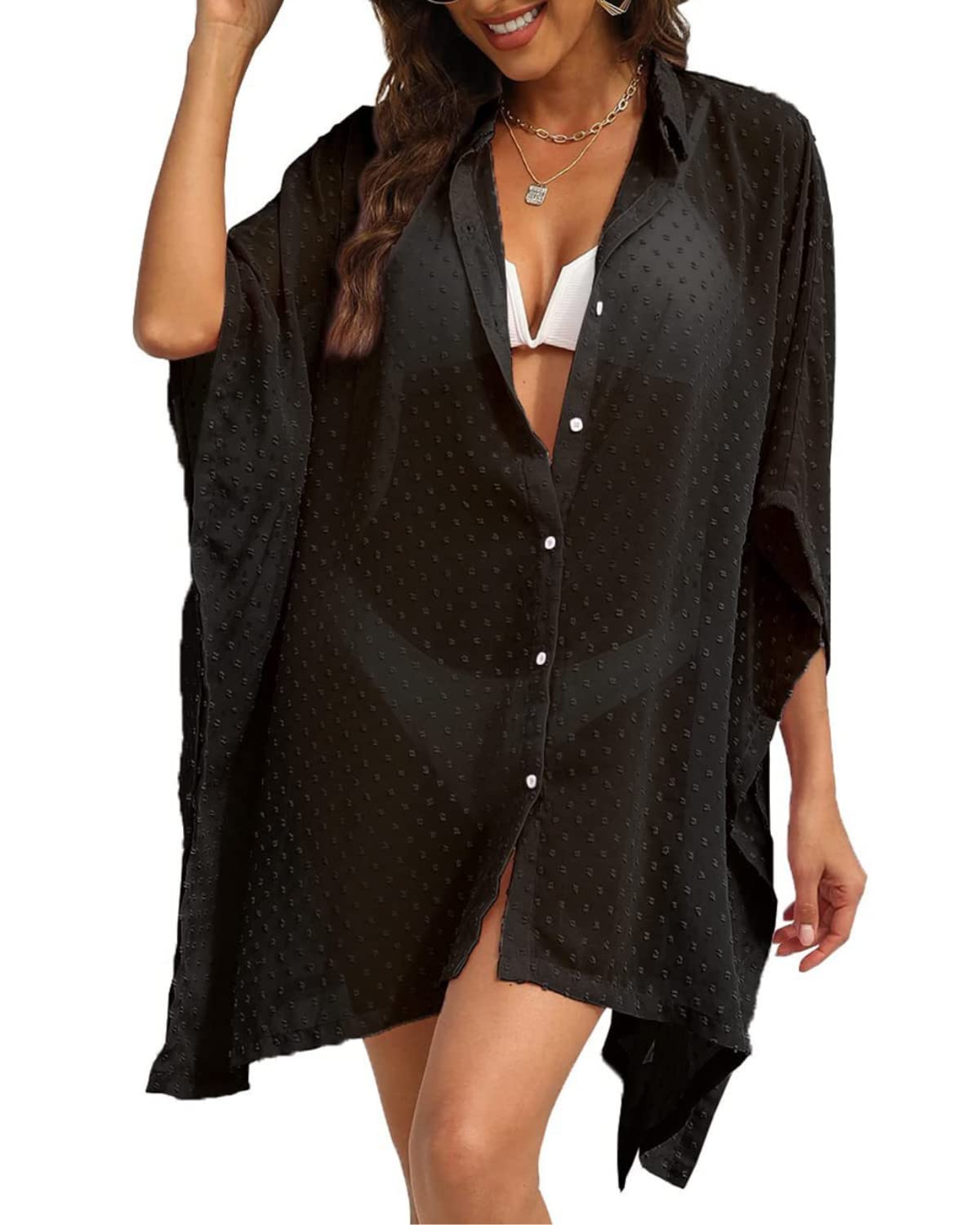NLAND Vestido de Playa Mujer Casual Camisa con Media Manga Mujer Pareos de Playa Kaftan Suelto de Bikini Cover Up